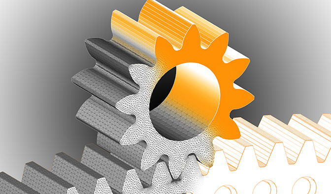 A computer generated image of a 3d gear wheel with a color scheme of orange and black