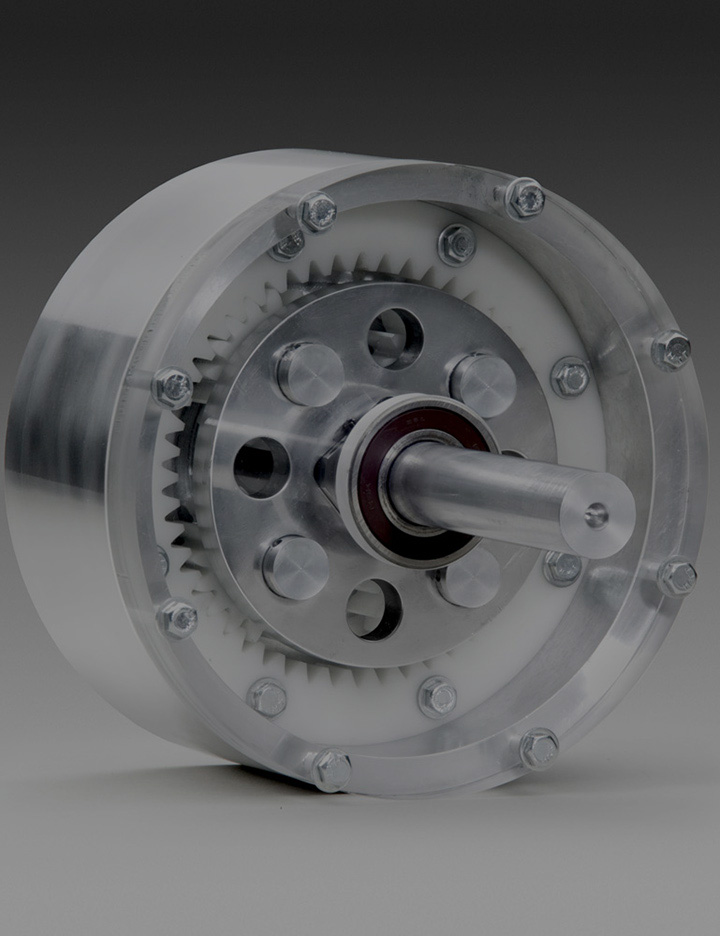 a metal wheel with contrasting white gears