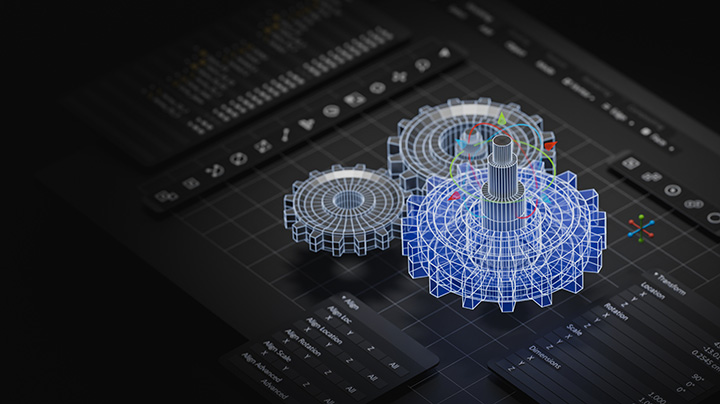 A 3d computer rendered wireframe of gears on a black surface