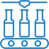 minimalist line art icon of three bottles on a rolling conveyor belt