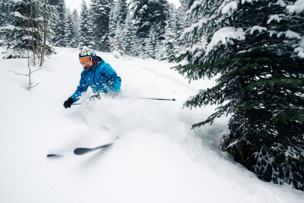 girl with special ski equipment is riding fast, jumping, freeriding very fast in the mountain forest